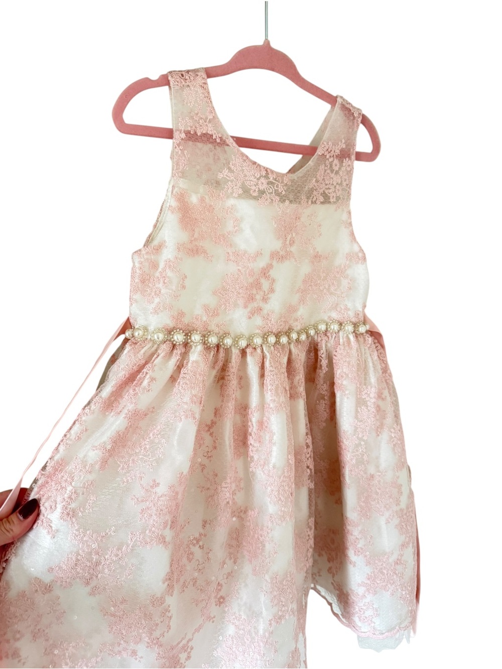 Girls Pink Lace Pearl Waist Party Dress